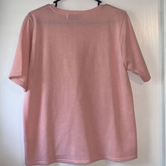 Alfred Dunner Pink Short-Sleeve Knit Top With Floral Lace Detail Womens Size L - Picture 6 of 9